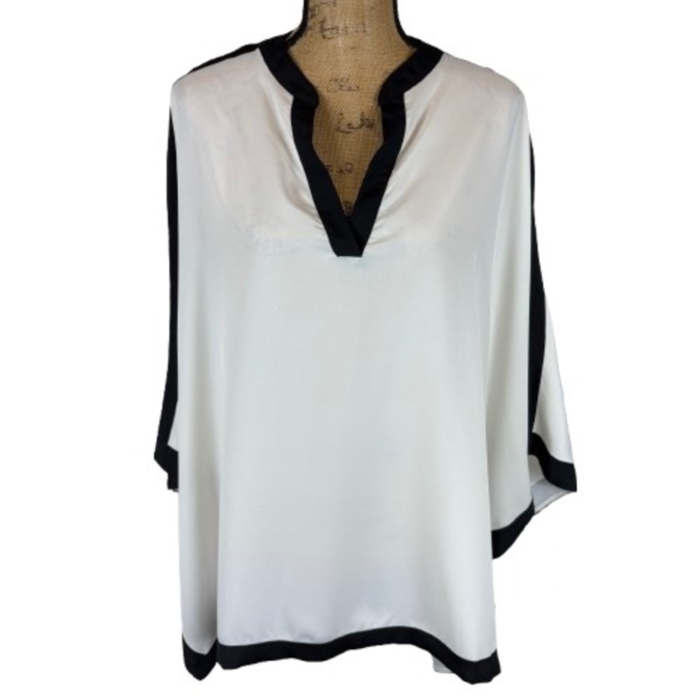 Chico's Kaftan Poncho Blouse White Black Oversized Kimono Sleeve One Size